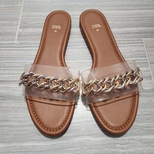 Zara Flat Vinyl Slider Sandals with Chain EU Size 37/US size 6